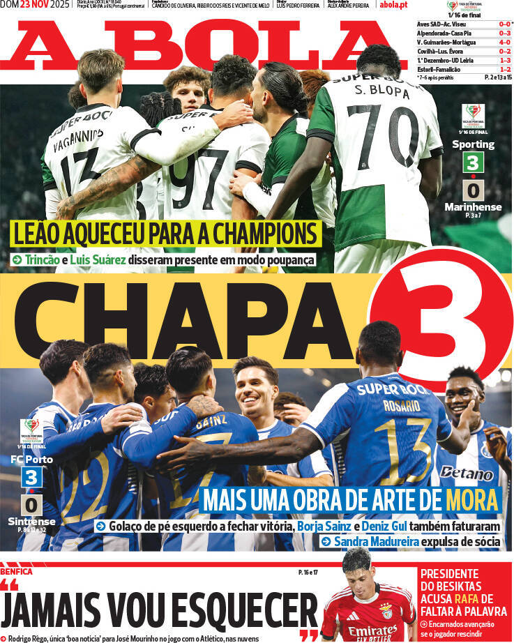 A Bola: Capa da Edi&ccedil;&atilde;o de domingo, 23 de novembro 2025
