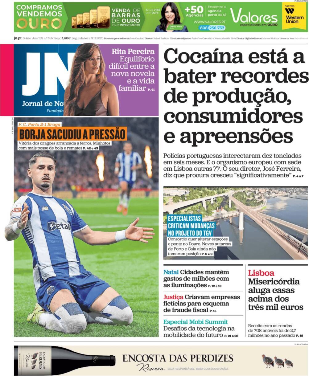 Jornal de Not&iacute;cias: Capa da Edi&ccedil;&atilde;o de segunda-feira, 03 de novembro 2025