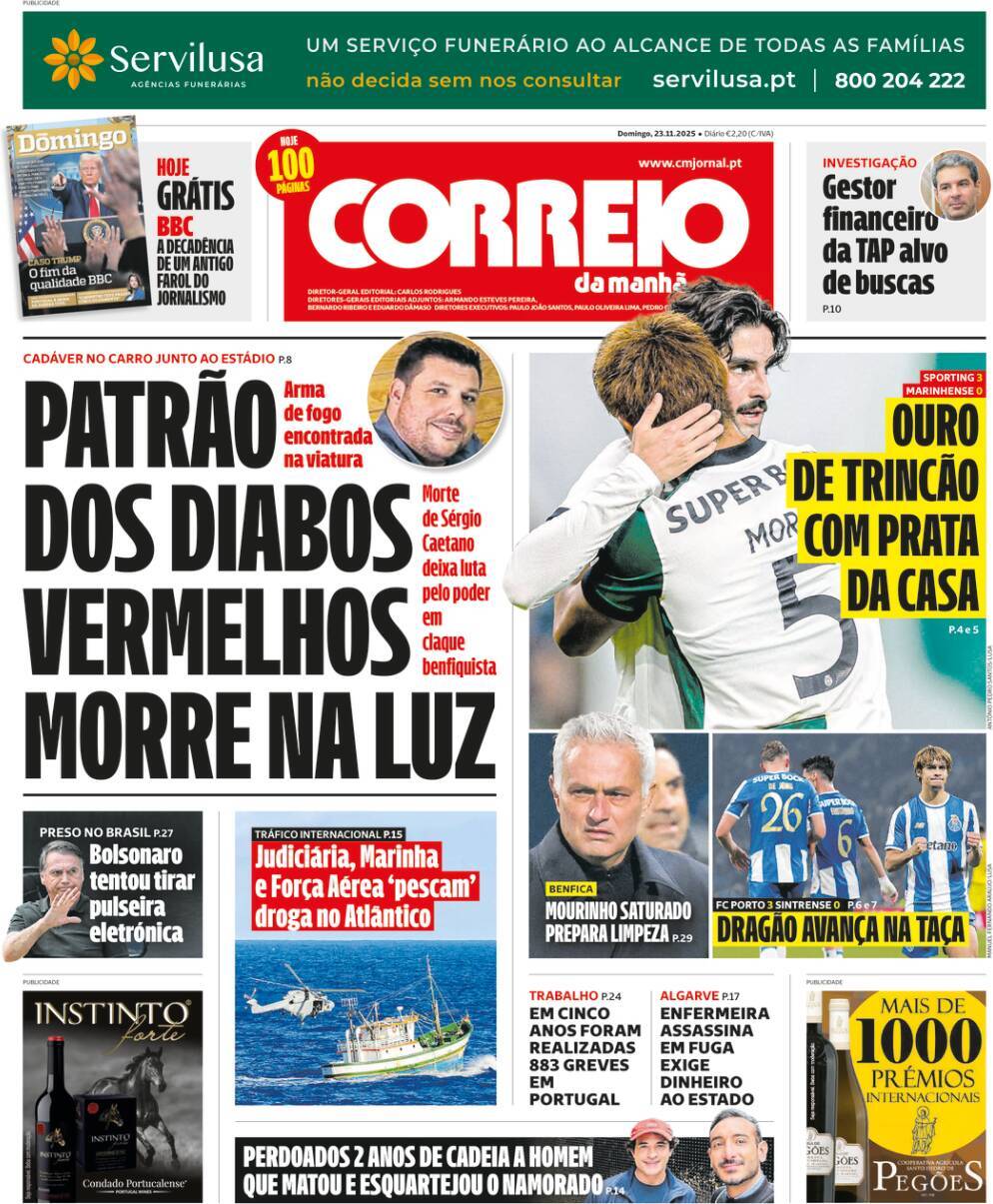 Correio da Manh&atilde;: Capa da Edi&ccedil;&atilde;o de domingo, 23 de novembro 2025