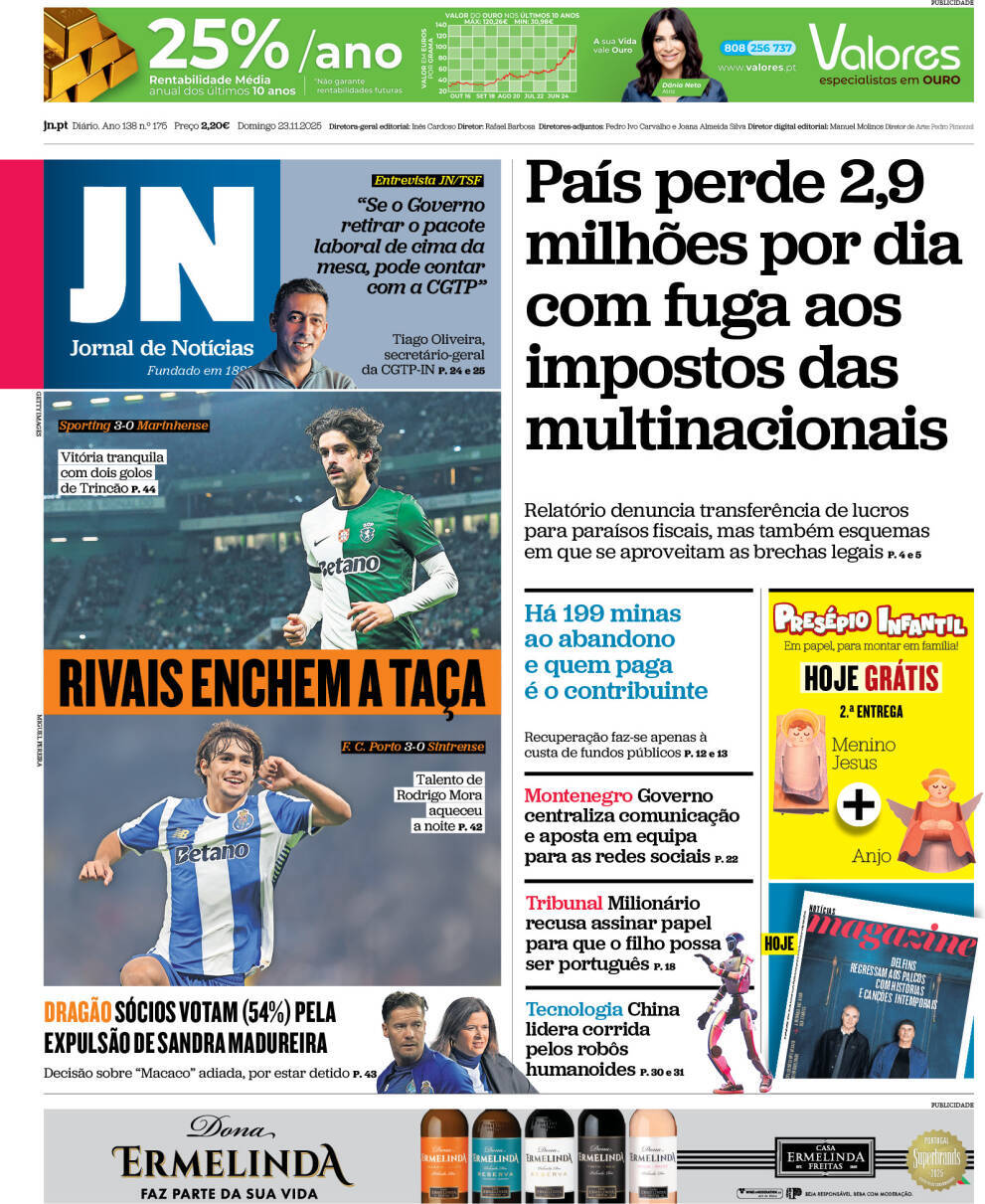 Jornal de Not&iacute;cias: Capa da Edi&ccedil;&atilde;o de domingo, 23 de novembro 2025