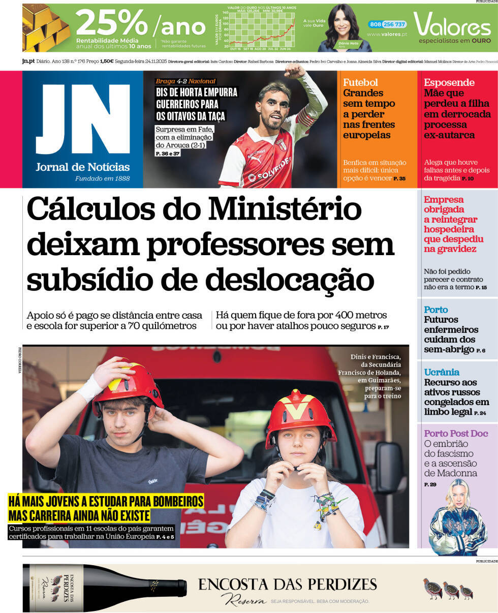 Jornal de Not&iacute;cias: Capa da Edi&ccedil;&atilde;o de segunda-feira, 24 de novembro 2025