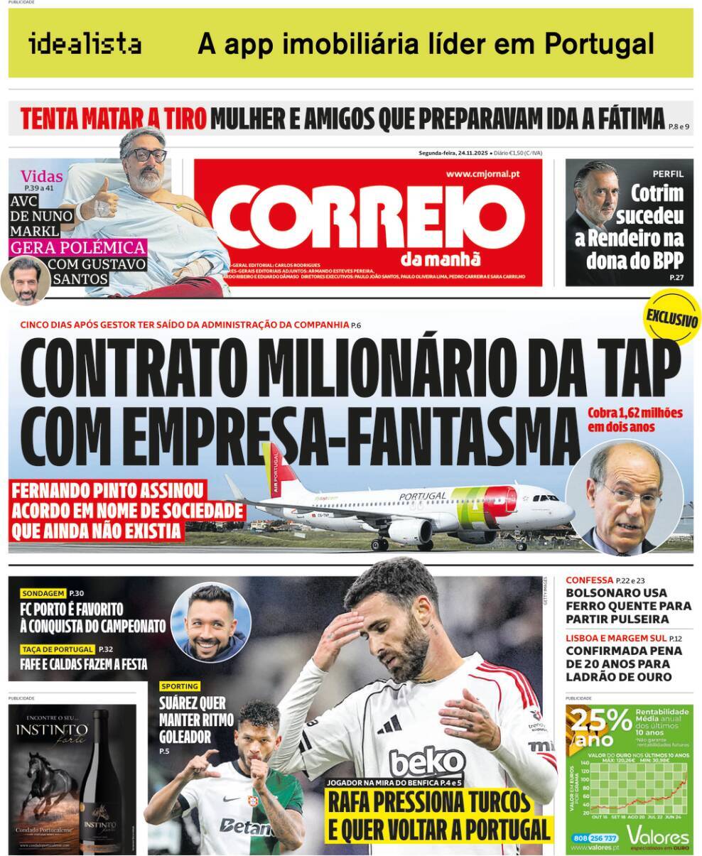 Correio da Manh&atilde;: Capa da Edi&ccedil;&atilde;o de segunda-feira, 24 de novembro 2025