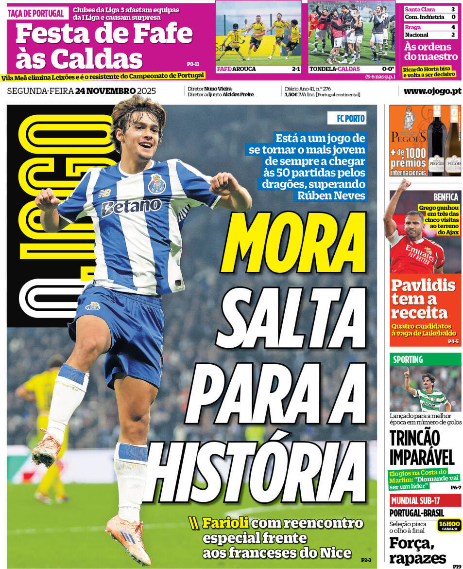 O Jogo: Capa da Edi&ccedil;&atilde;o de segunda-feira, 24 de novembro 2025