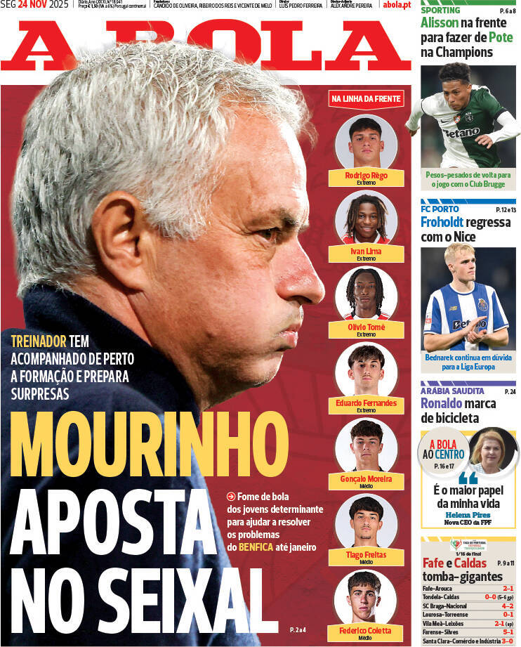 A Bola: Capa da Edi&ccedil;&atilde;o de segunda-feira, 24 de novembro 2025
