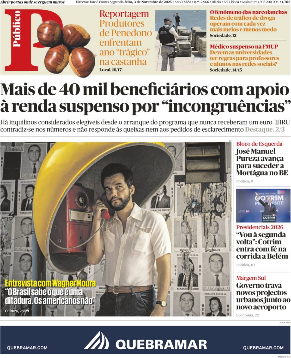 P&uacute;blico: Capa da Edi&ccedil;&atilde;o de segunda-feira, 03 de novembro 2025