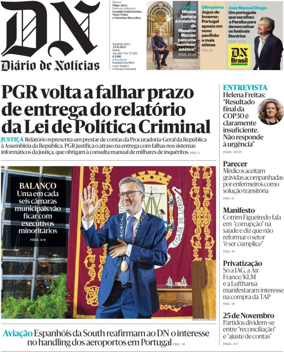 Di&aacute;rio de Not&iacute;cias: Capa da Edi&ccedil;&atilde;o de segunda-feira, 24 de novembro 2025
