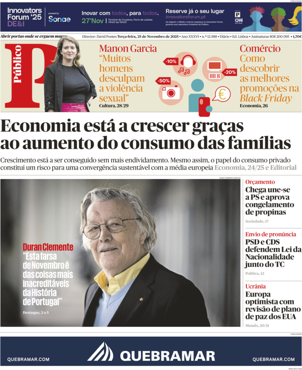 P&uacute;blico: Capa da Edi&ccedil;&atilde;o de ter&ccedil;a-feira, 25 de novembro 2025