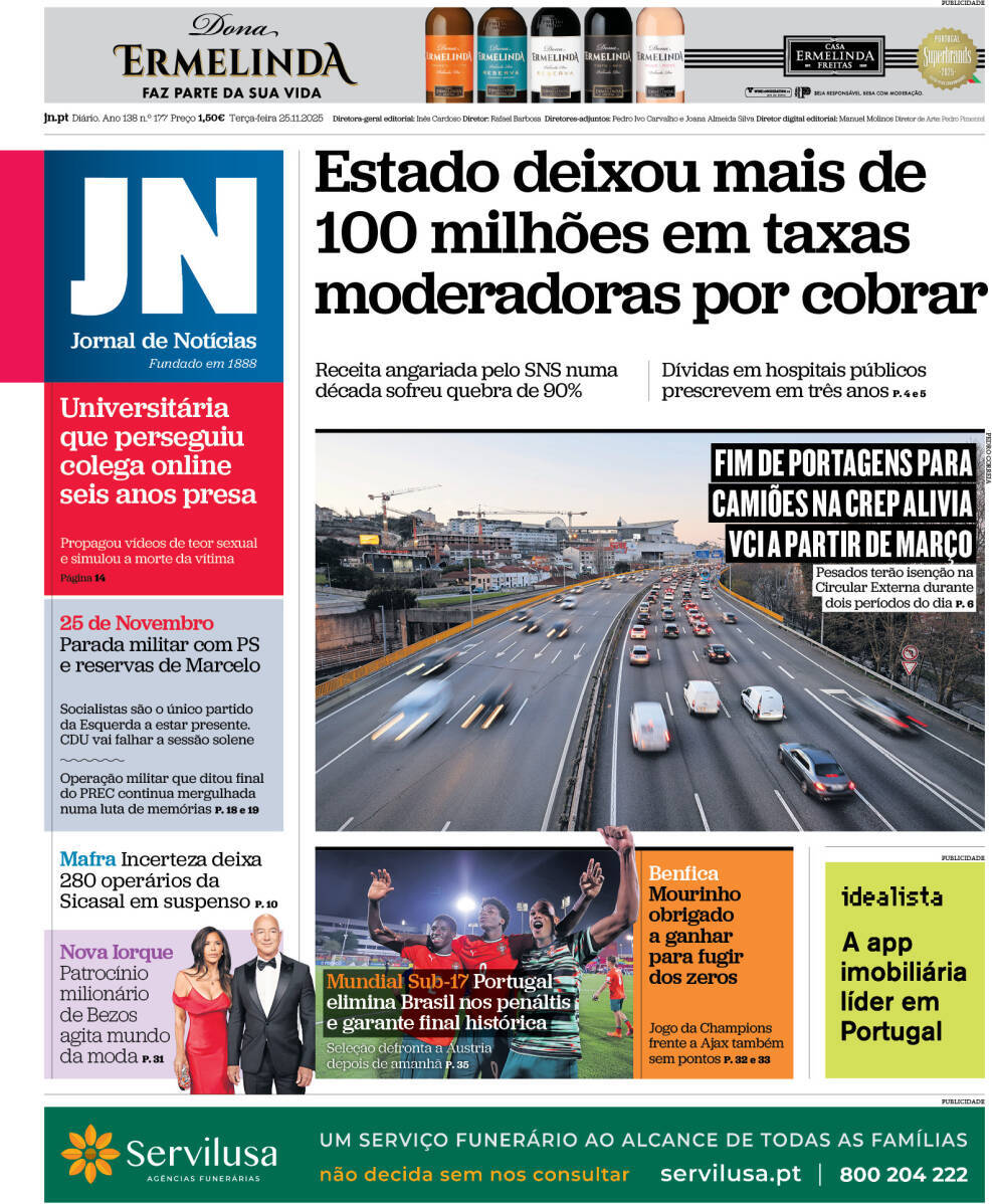 Jornal de Not&iacute;cias: Capa da Edi&ccedil;&atilde;o de ter&ccedil;a-feira, 25 de novembro 2025