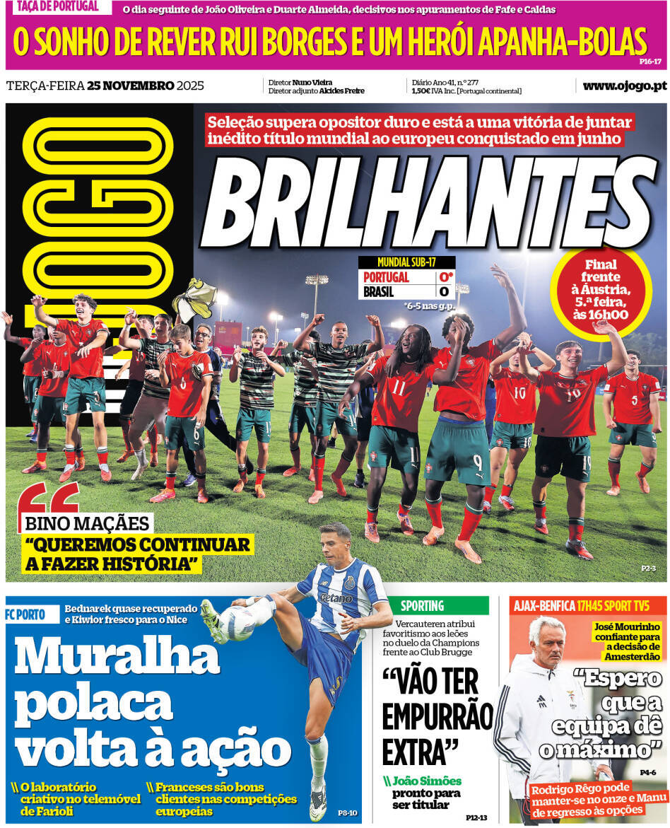 O Jogo: Capa da Edi&ccedil;&atilde;o de ter&ccedil;a-feira, 25 de novembro 2025