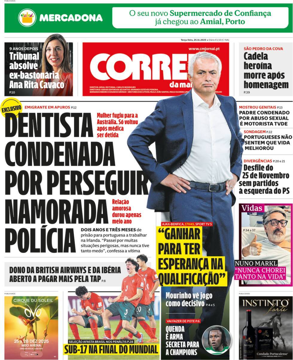 Correio da Manh&atilde;: Capa da Edi&ccedil;&atilde;o de ter&ccedil;a-feira, 25 de novembro 2025