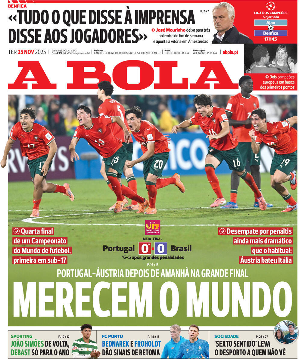 A Bola: Capa da Edi&ccedil;&atilde;o de ter&ccedil;a-feira, 25 de novembro 2025