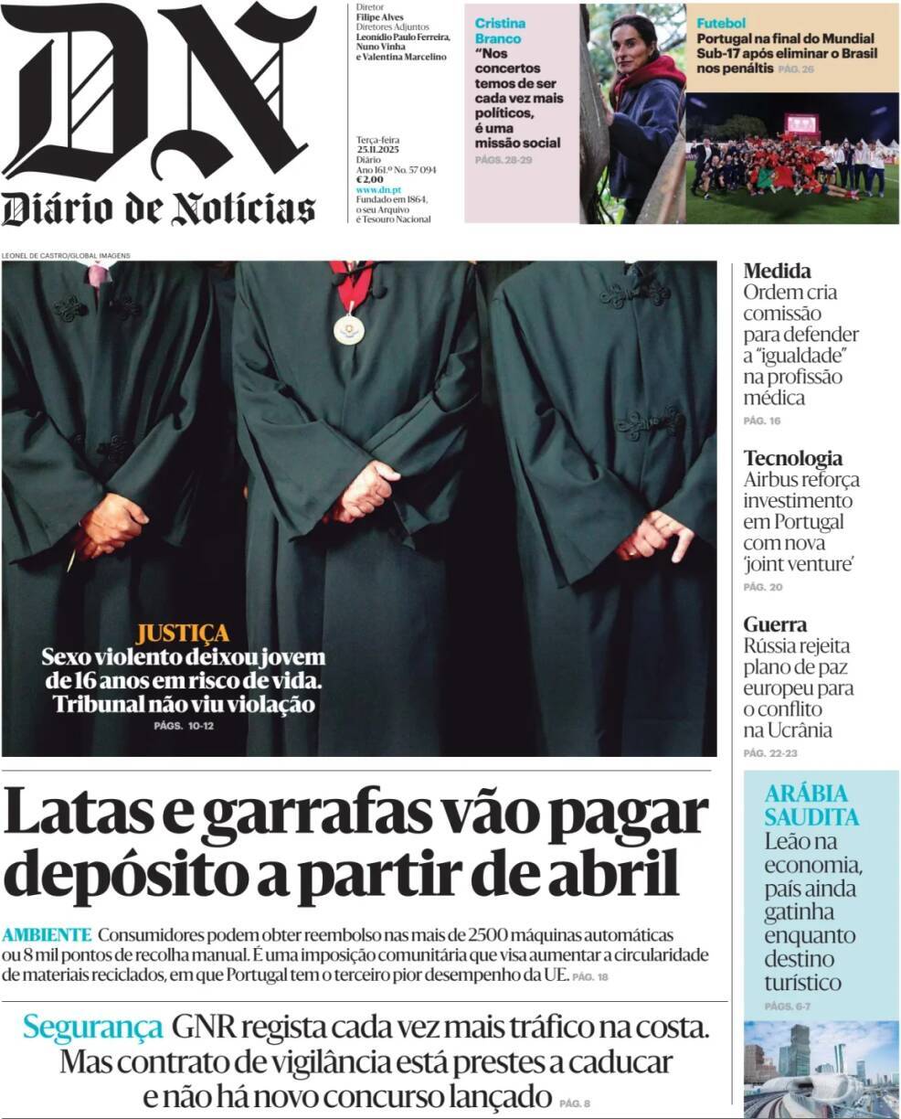 Di&aacute;rio de Not&iacute;cias: Capa da Edi&ccedil;&atilde;o de ter&ccedil;a-feira, 25 de novembro 2025