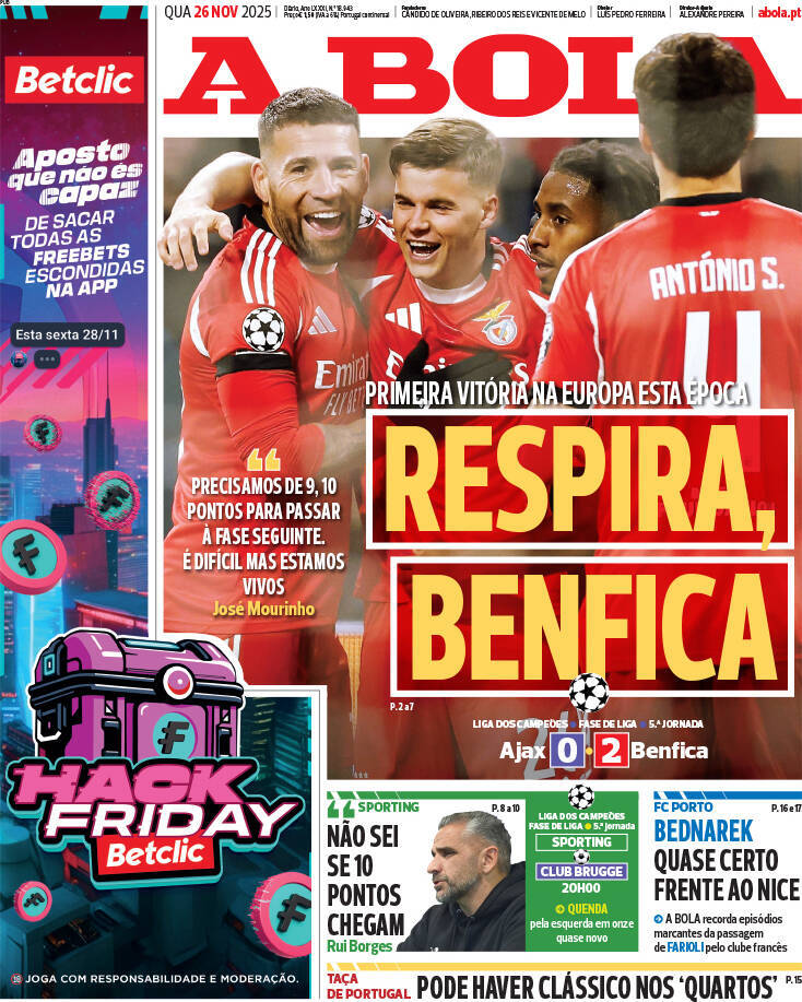 A Bola: Capa da Edi&ccedil;&atilde;o de quarta-feira, 26 de novembro 2025
