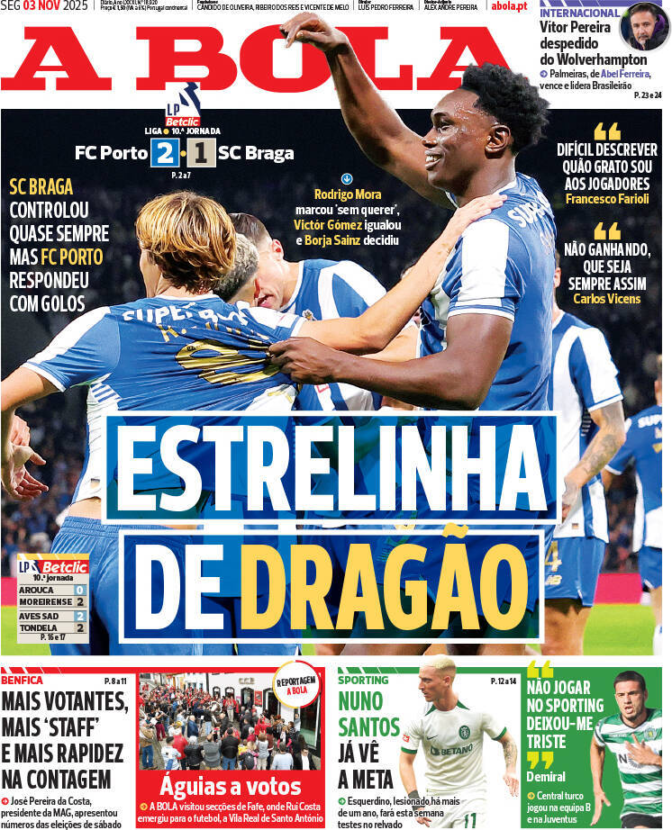 A Bola: Capa da Edi&ccedil;&atilde;o de segunda-feira, 03 de novembro 2025