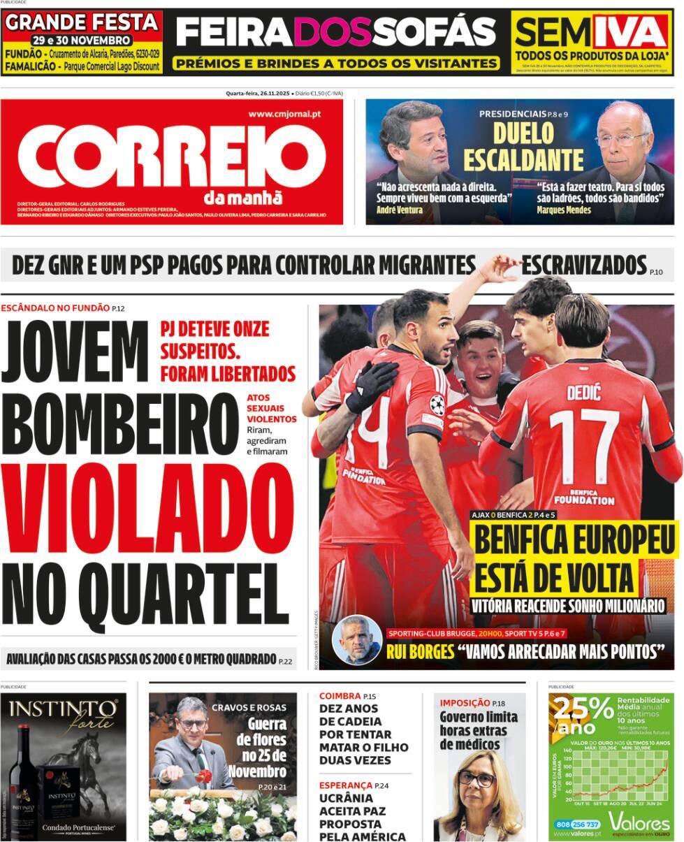 Correio da Manh&atilde;: Capa da Edi&ccedil;&atilde;o de quarta-feira, 26 de novembro 2025