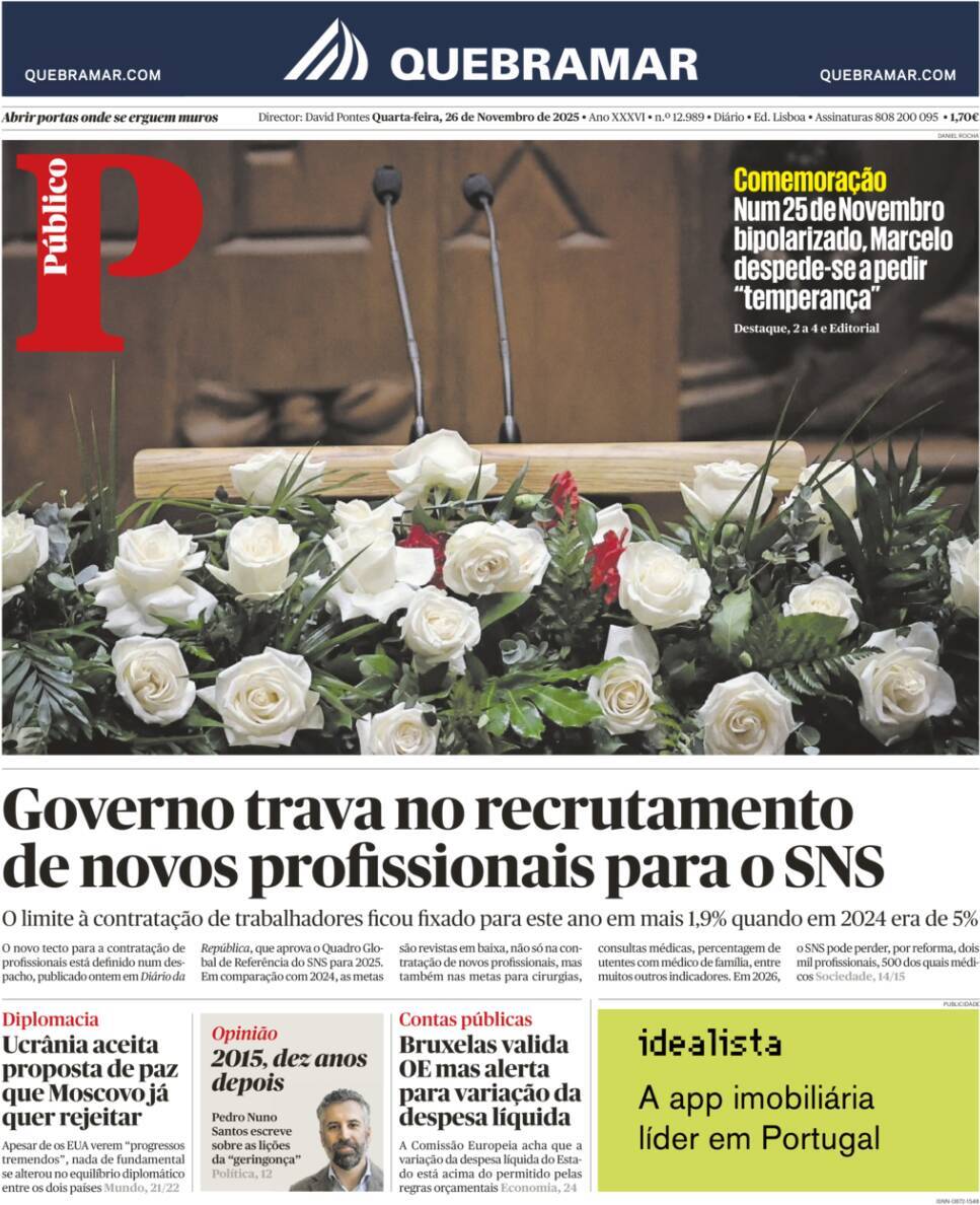P&uacute;blico: Capa da Edi&ccedil;&atilde;o de quarta-feira, 26 de novembro 2025