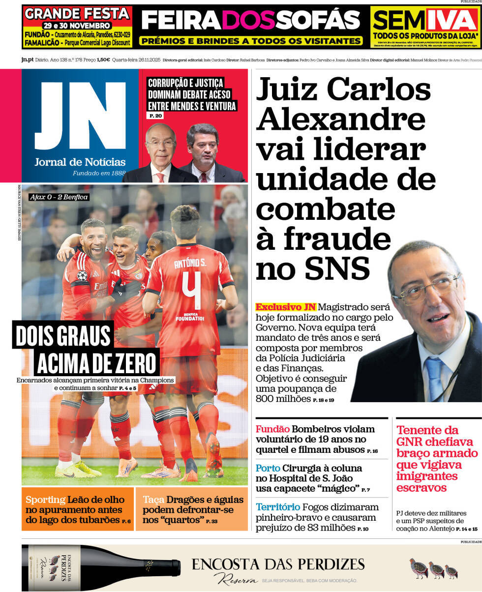 Jornal de Not&iacute;cias: Capa da Edi&ccedil;&atilde;o de quarta-feira, 26 de novembro 2025