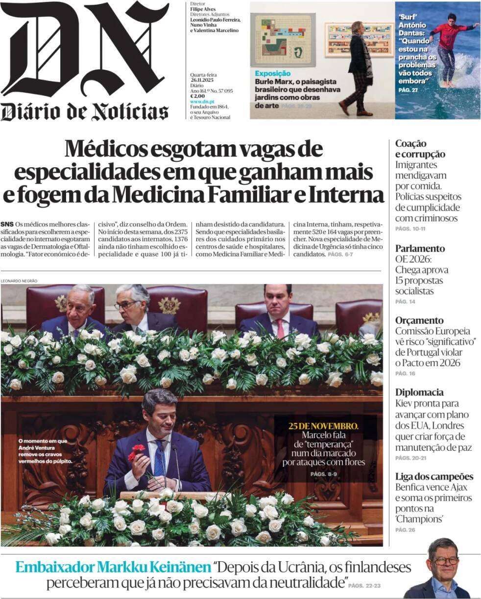 Di&aacute;rio de Not&iacute;cias: Capa da Edi&ccedil;&atilde;o de quarta-feira, 26 de novembro 2025