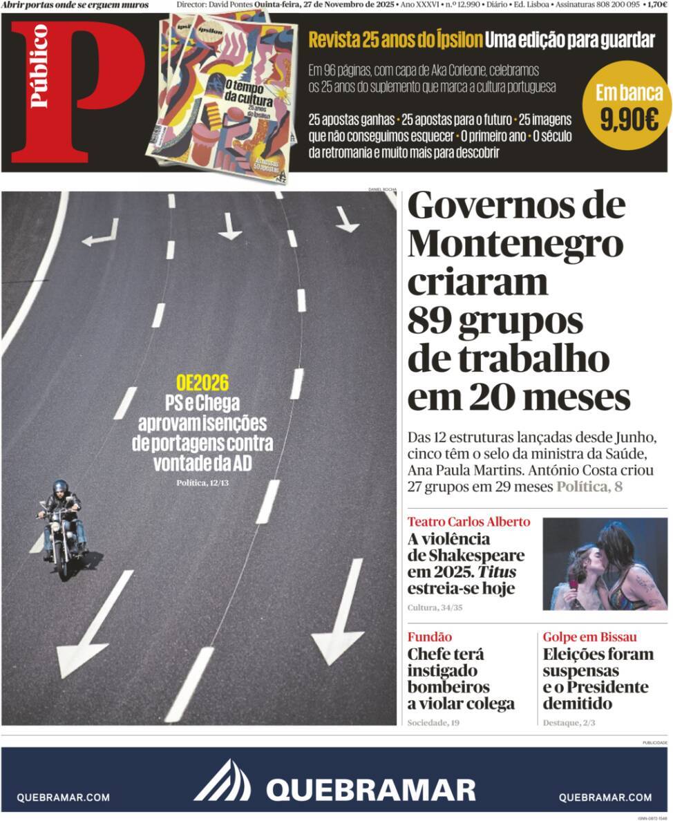 P&uacute;blico: Capa da Edi&ccedil;&atilde;o de quinta-feira, 27 de novembro 2025