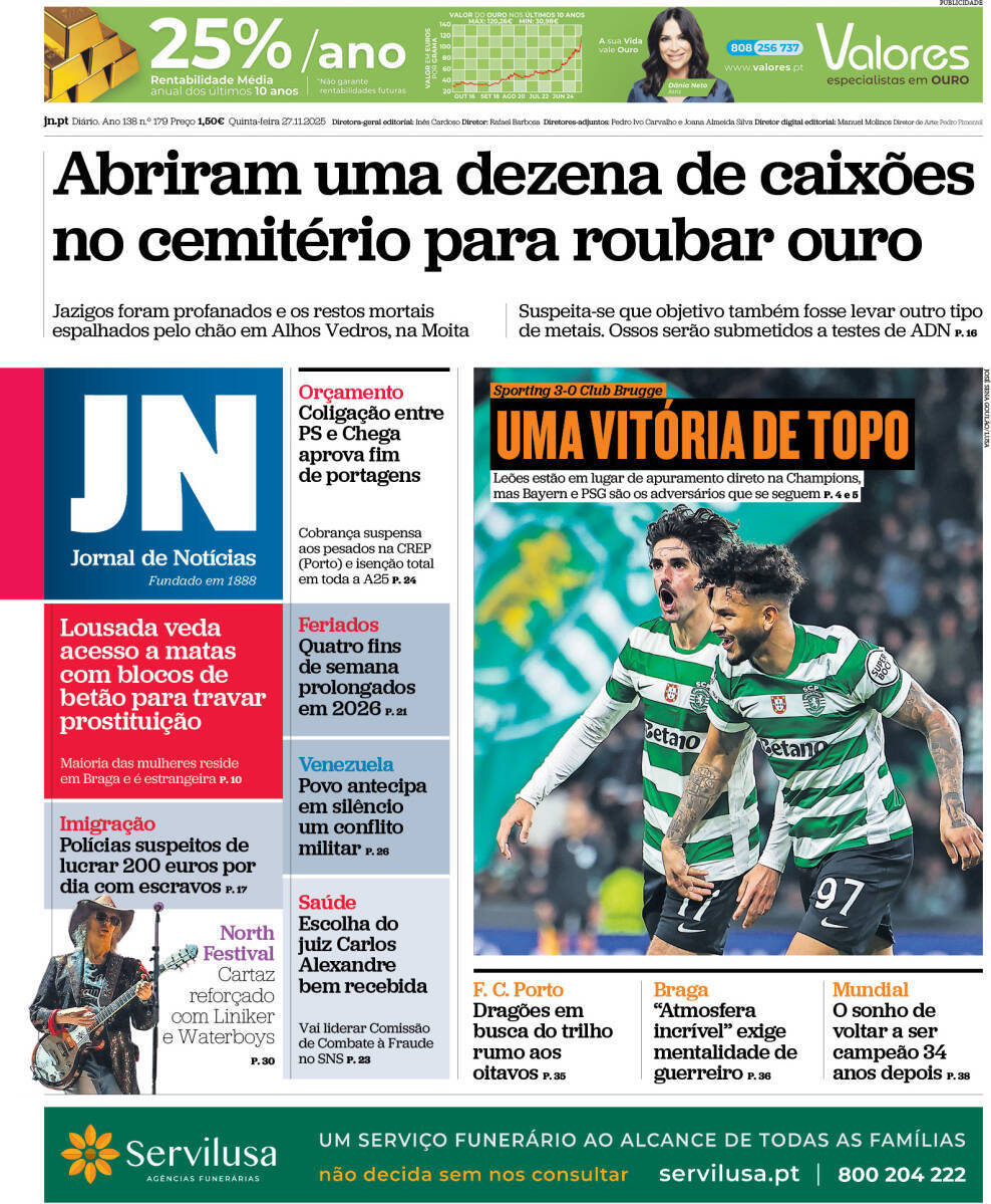 Jornal de Not&iacute;cias: Capa da Edi&ccedil;&atilde;o de quinta-feira, 27 de novembro 2025