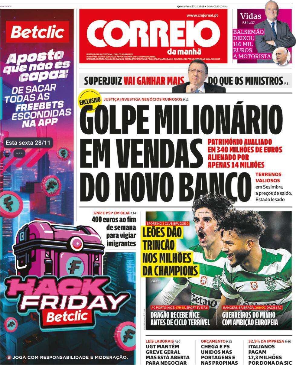 Correio da Manh&atilde;: Capa da Edi&ccedil;&atilde;o de quinta-feira, 27 de novembro 2025