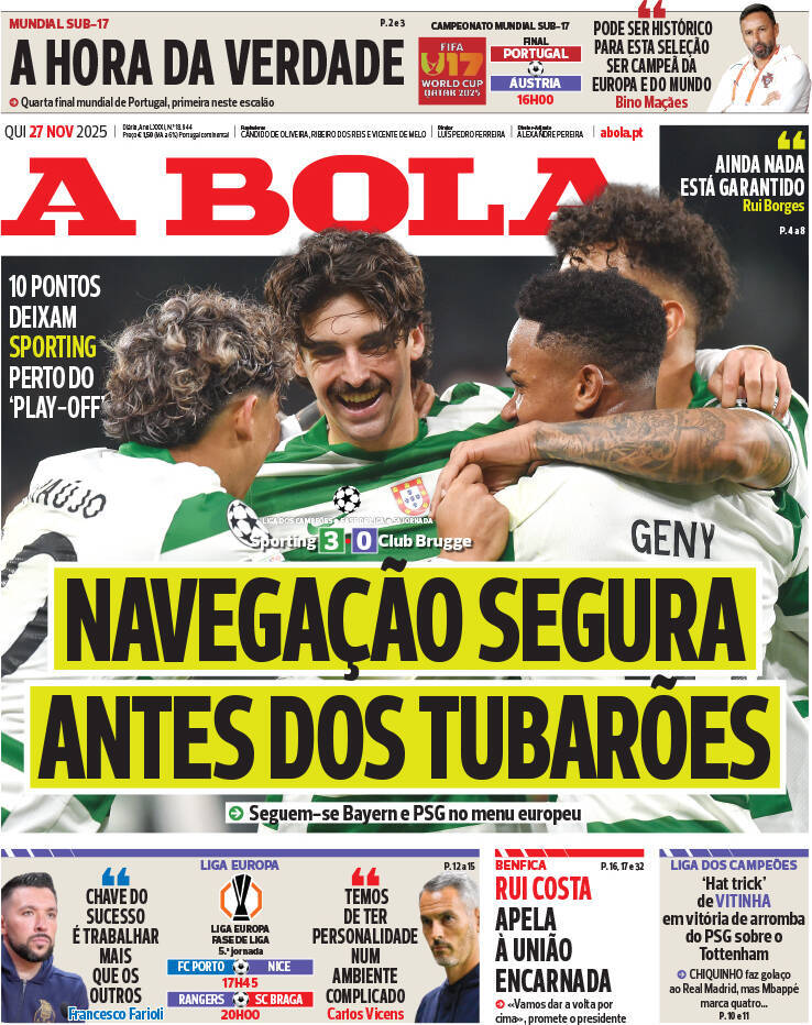 A Bola: Capa da Edi&ccedil;&atilde;o de quinta-feira, 27 de novembro 2025