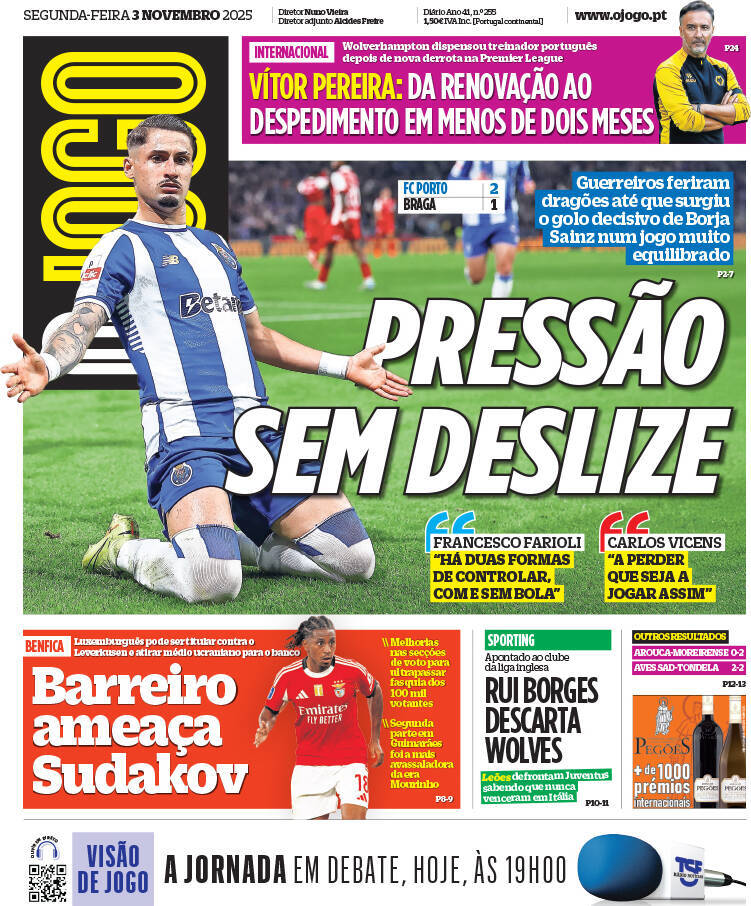 O Jogo: Capa da Edi&ccedil;&atilde;o de segunda-feira, 03 de novembro 2025