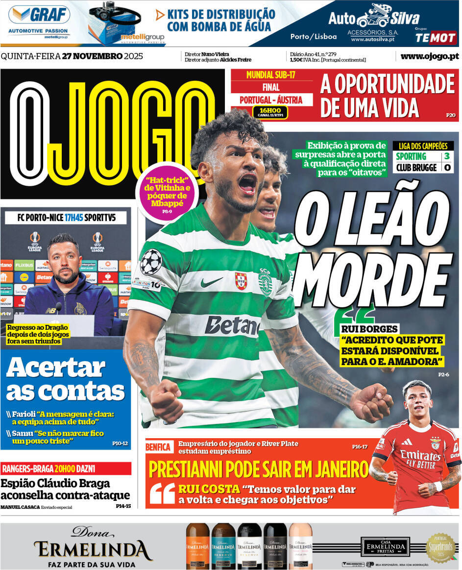 O Jogo: Capa da Edi&ccedil;&atilde;o de quinta-feira, 27 de novembro 2025