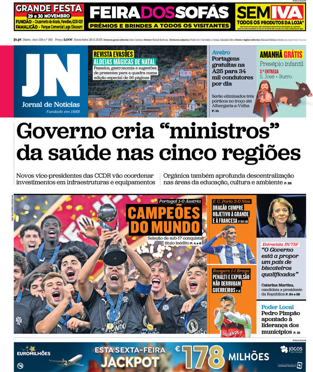 Jornal de Not&iacute;cias: Capa da Edi&ccedil;&atilde;o de sexta-feira, 28 de novembro 2025