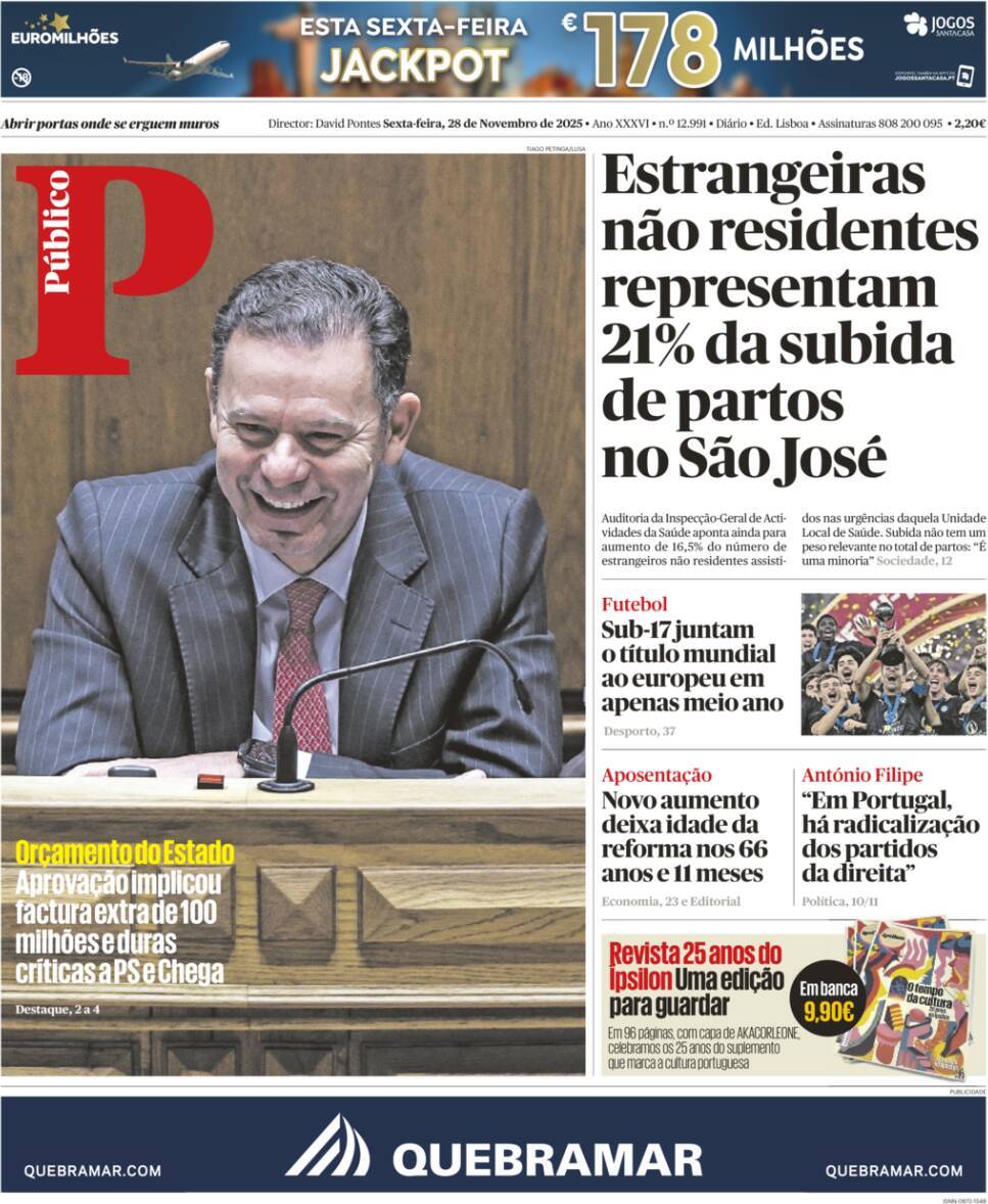 P&uacute;blico: Capa da Edi&ccedil;&atilde;o de sexta-feira, 28 de novembro 2025