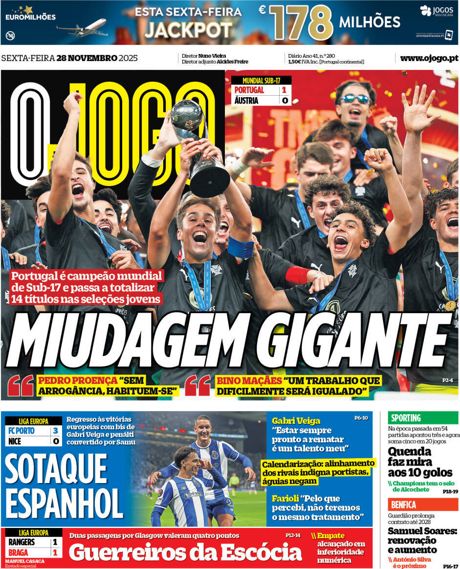 O Jogo: Capa da Edi&ccedil;&atilde;o de sexta-feira, 28 de novembro 2025