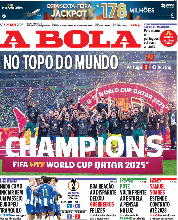 A Bola: Capa da Edi&ccedil;&atilde;o de sexta-feira, 28 de novembro 2025