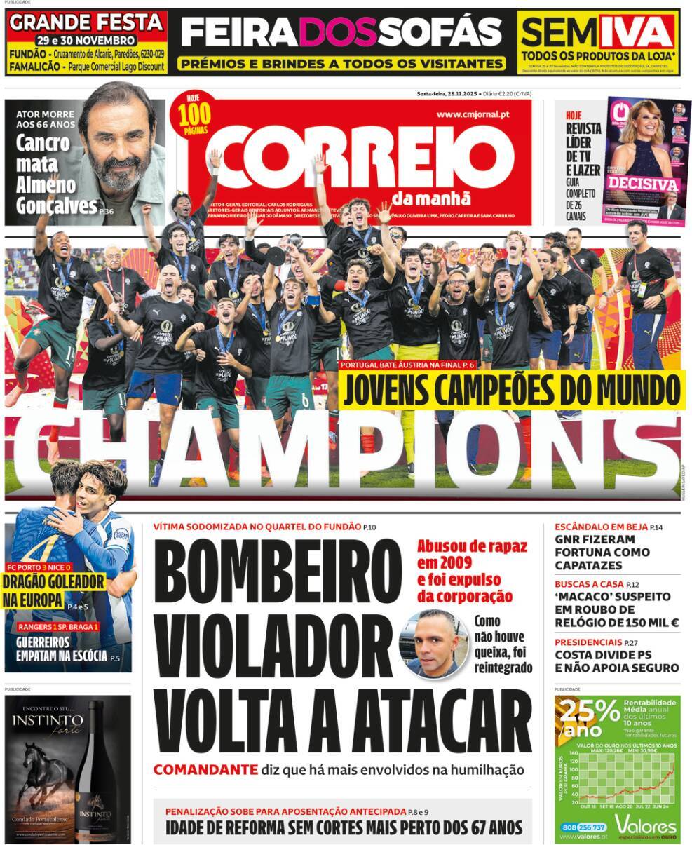 Correio da Manh&atilde;: Capa da Edi&ccedil;&atilde;o de sexta-feira, 28 de novembro 2025