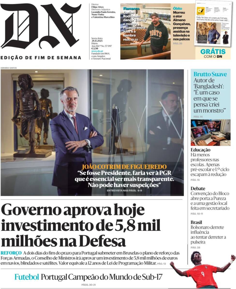 Di&aacute;rio de Not&iacute;cias: Capa da Edi&ccedil;&atilde;o de sexta-feira, 28 de novembro 2025