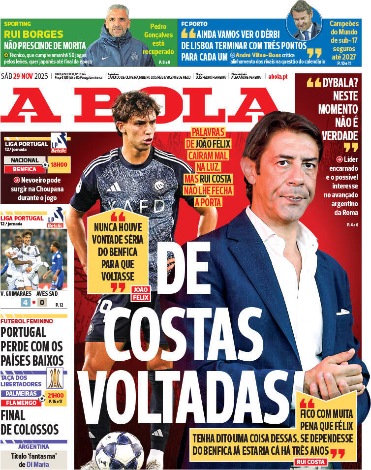 A Bola: Capa da Edi&ccedil;&atilde;o de s&aacute;bado, 29 de novembro 2025