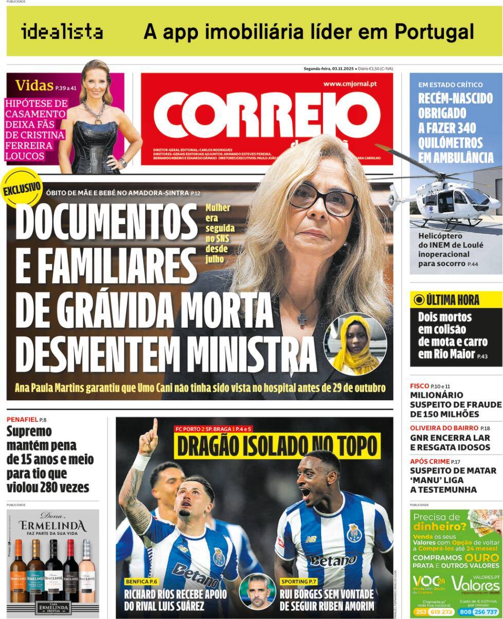 Correio da Manh&atilde;: Capa da Edi&ccedil;&atilde;o de segunda-feira, 03 de novembro 2025