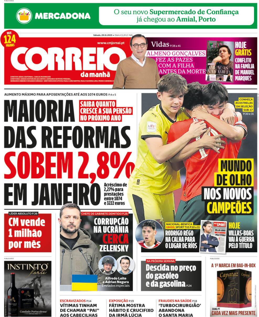 Correio da Manh&atilde;: Capa da Edi&ccedil;&atilde;o de s&aacute;bado, 29 de novembro 2025