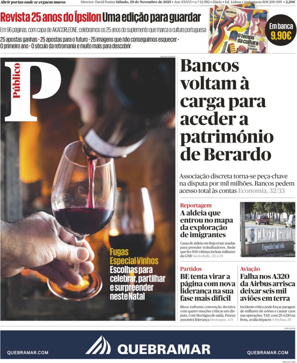 P&uacute;blico: Capa da Edi&ccedil;&atilde;o de s&aacute;bado, 29 de novembro 2025
