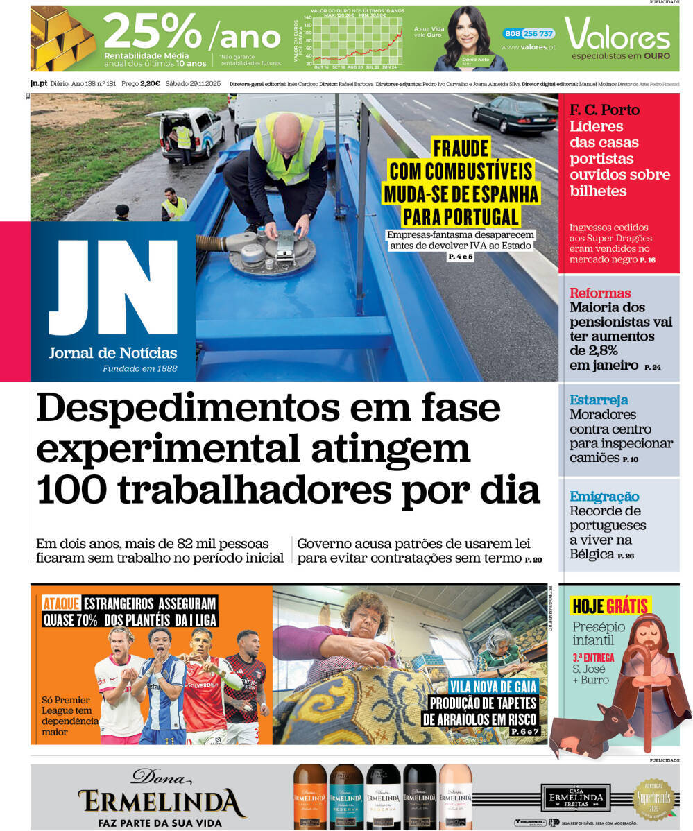 Jornal de Not&iacute;cias: Capa da Edi&ccedil;&atilde;o de s&aacute;bado, 29 de novembro 2025