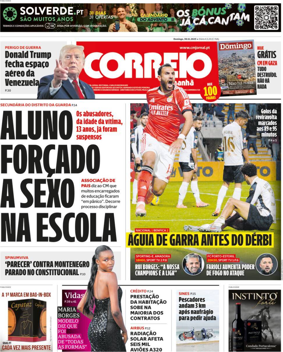 Correio da Manh&atilde;: Capa da Edi&ccedil;&atilde;o de domingo, 30 de novembro 2025