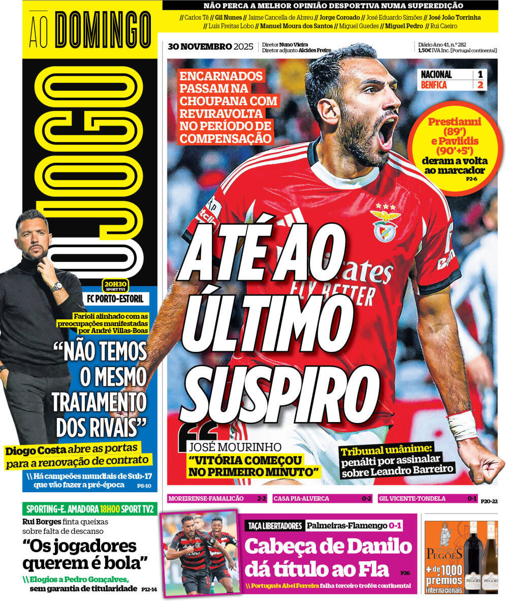 O Jogo: Capa da Edi&ccedil;&atilde;o de domingo, 30 de novembro 2025
