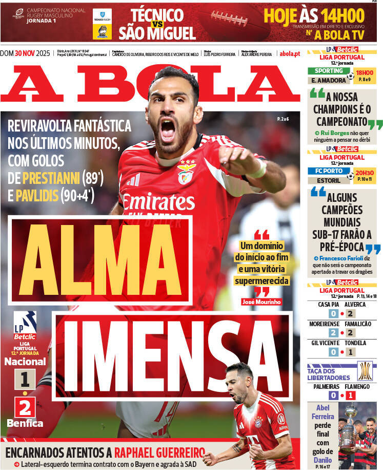 A Bola: Capa da Edi&ccedil;&atilde;o de domingo, 30 de novembro 2025