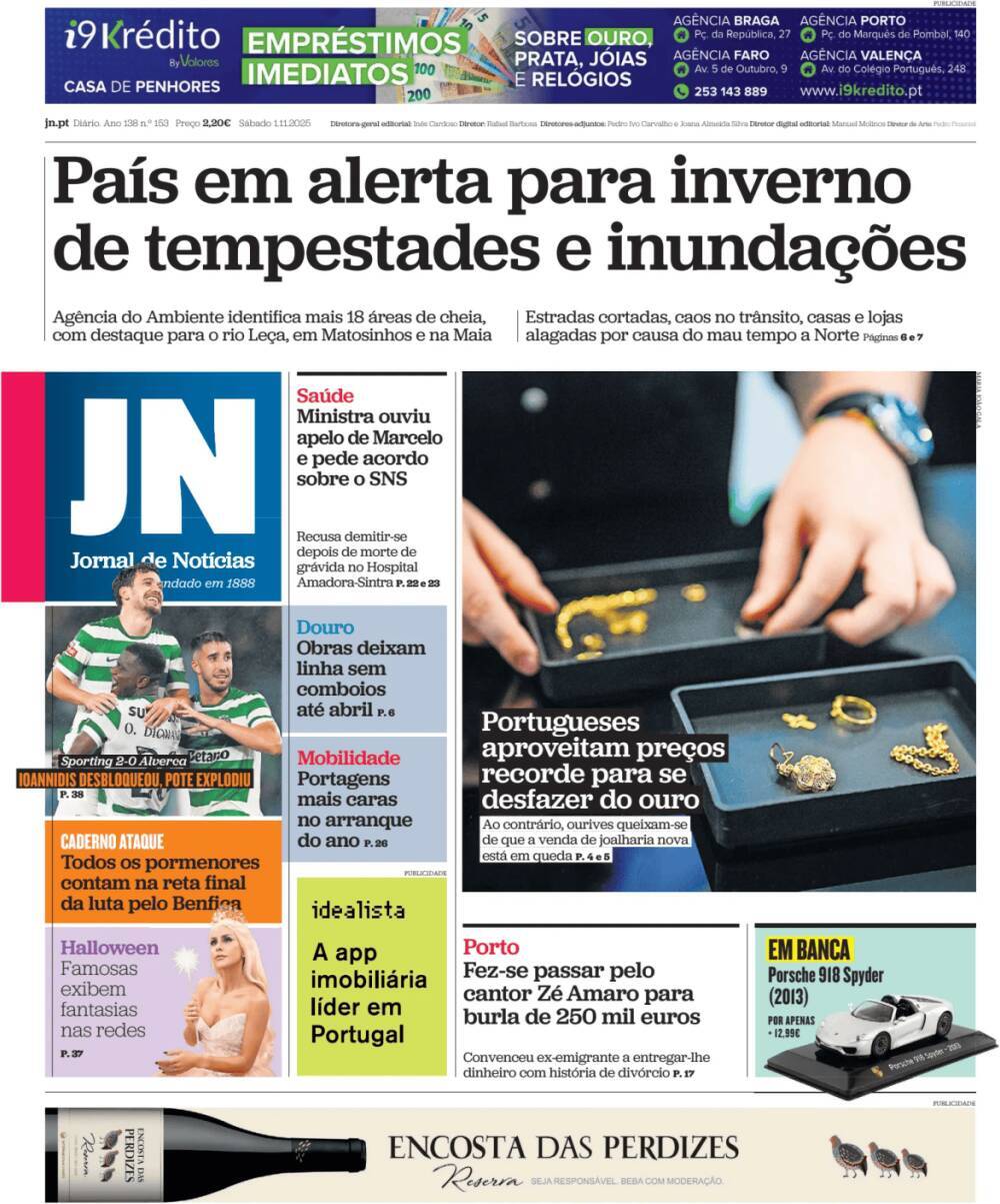 Jornal de Not&iacute;cias: Capa da Edi&ccedil;&atilde;o de s&aacute;bado, 01 de novembro 2025