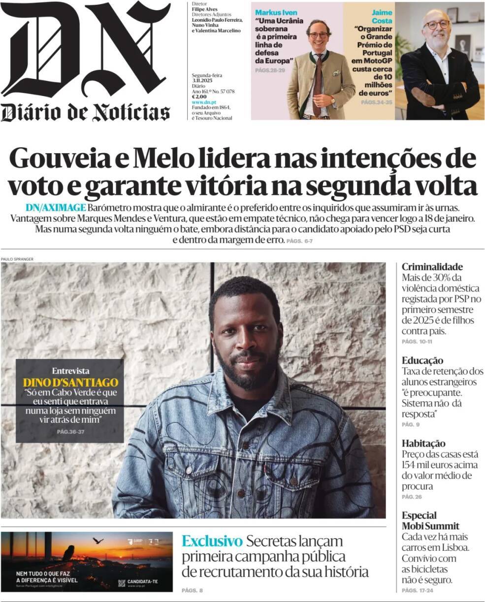 Di&aacute;rio de Not&iacute;cias: Capa da Edi&ccedil;&atilde;o de segunda-feira, 03 de novembro 2025