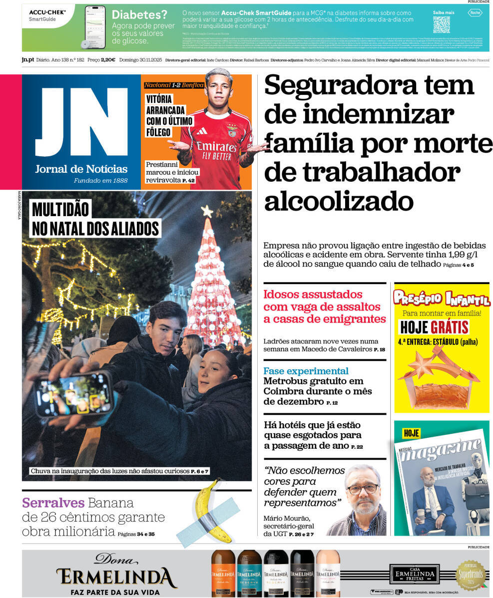 Jornal de Not&iacute;cias: Capa da Edi&ccedil;&atilde;o de domingo, 30 de novembro 2025