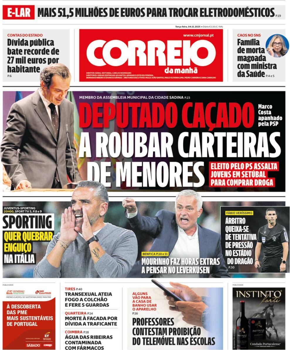 Correio da Manh&atilde;: Capa da Edi&ccedil;&atilde;o de ter&ccedil;a-feira, 04 de novembro 2025