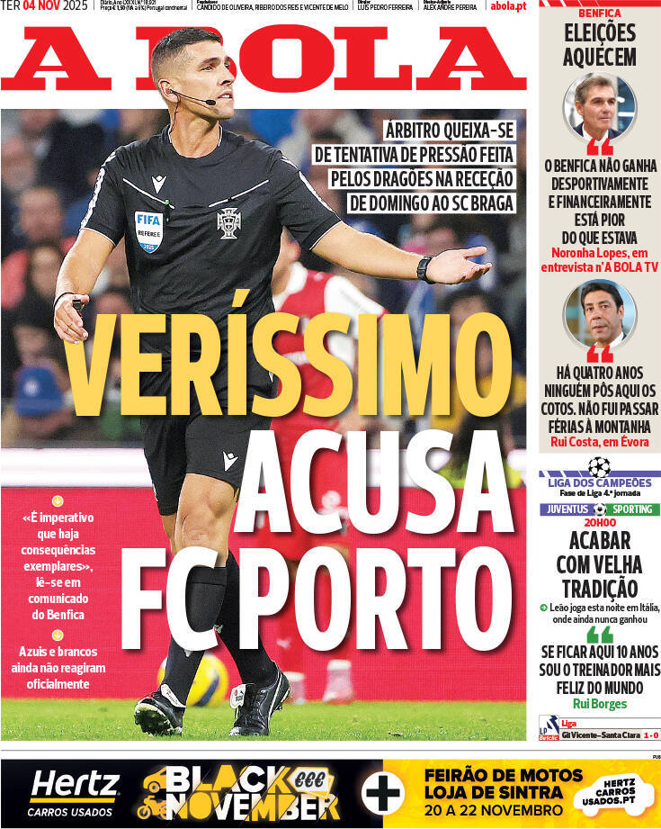 A Bola: Capa da Edi&ccedil;&atilde;o de ter&ccedil;a-feira, 04 de novembro 2025