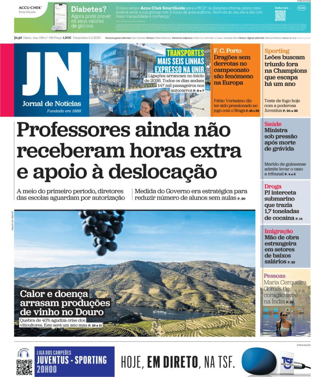 Jornal de Not&iacute;cias: Capa da Edi&ccedil;&atilde;o de ter&ccedil;a-feira, 04 de novembro 2025