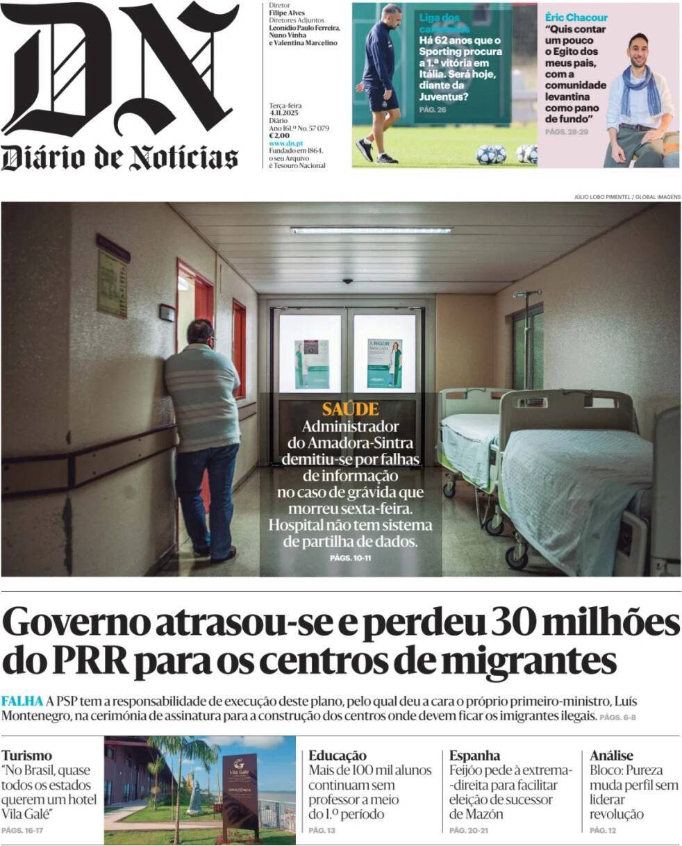 Di&aacute;rio de Not&iacute;cias: Capa da Edi&ccedil;&atilde;o de ter&ccedil;a-feira, 04 de novembro 2025