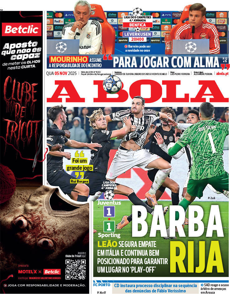 A Bola: Capa da Edi&ccedil;&atilde;o de quarta-feira, 05 de novembro 2025